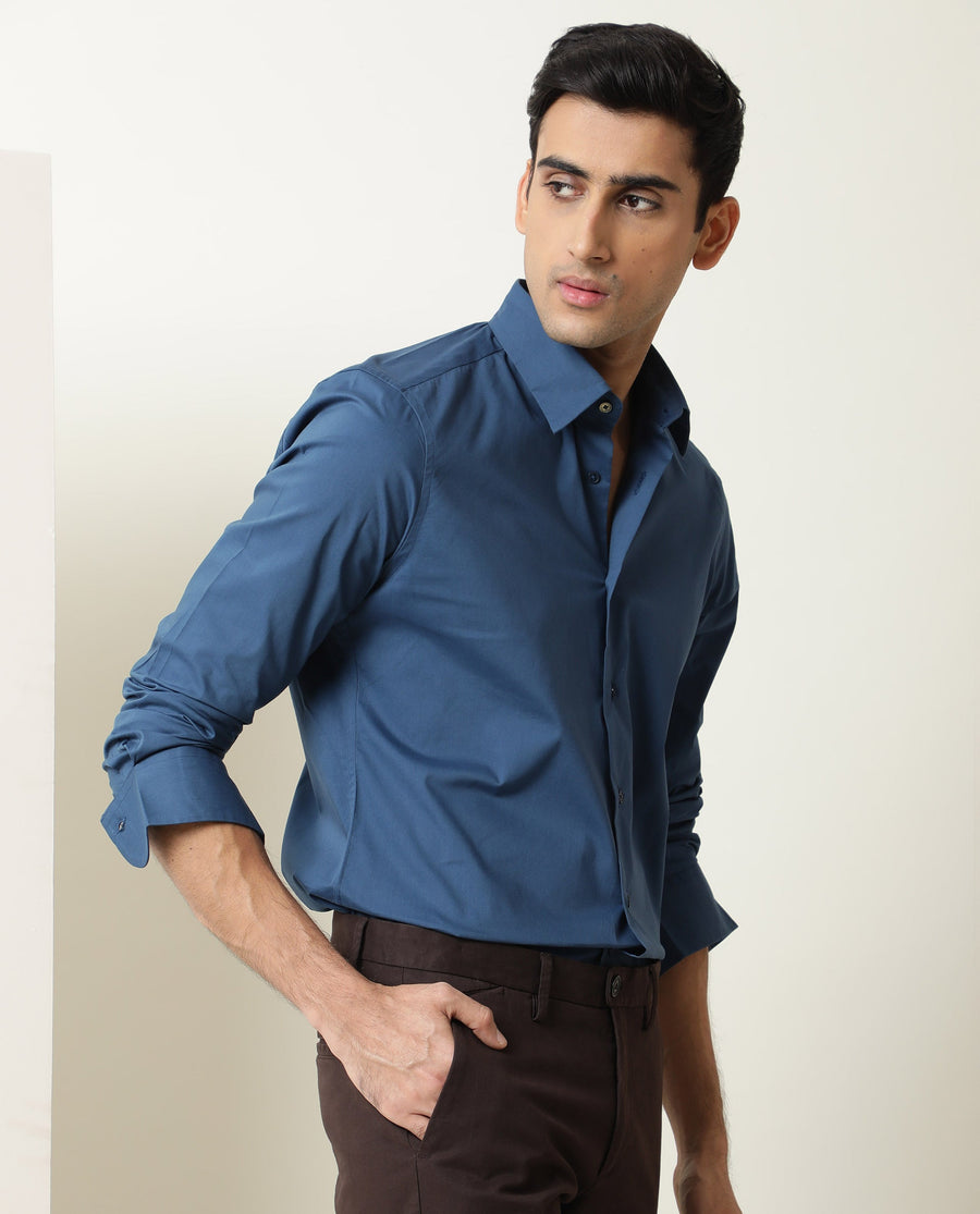 Rare Rabbit Men's Benedict Blue Cotton Plain Regular Fit Full Sleeve Collared Shirt