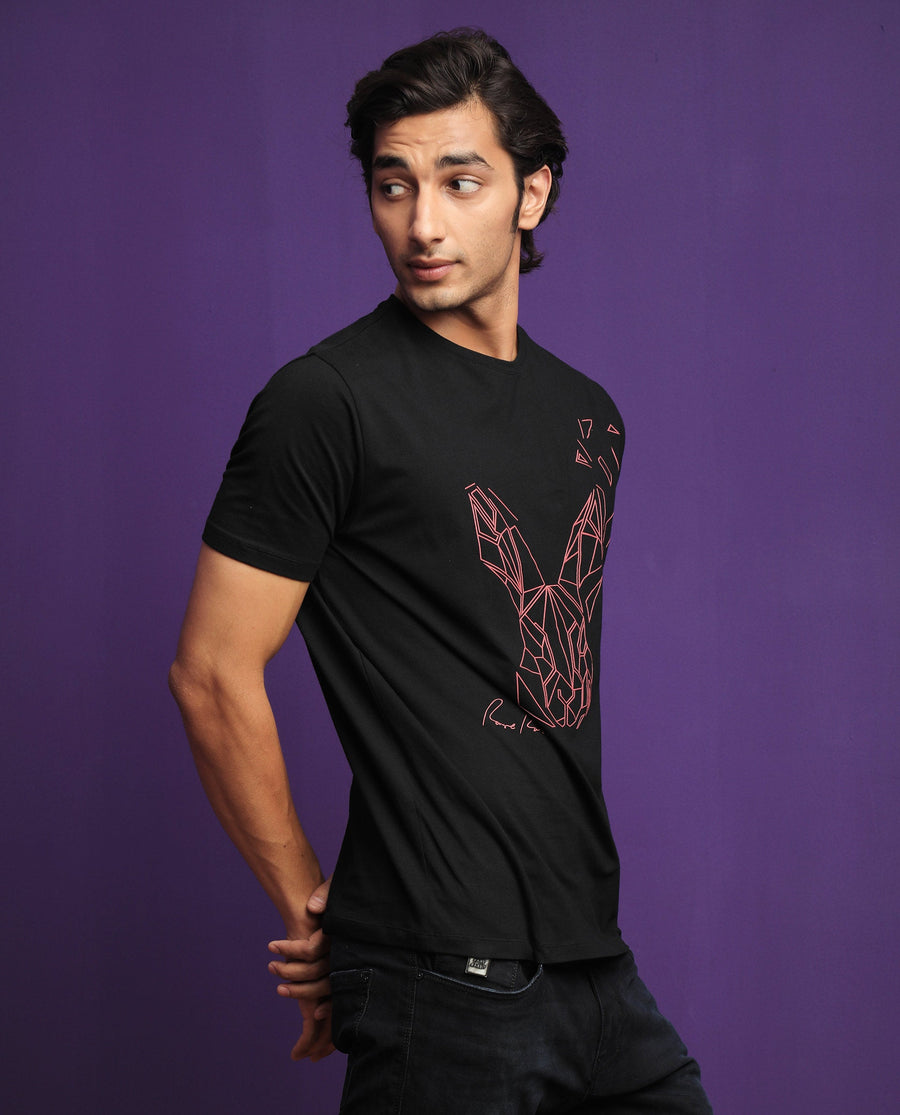 Rare Rabbit Men's Flames 2 Black Cotton Graphic Print Slim Fit Half Sleeve Crew Neck T-Shirt