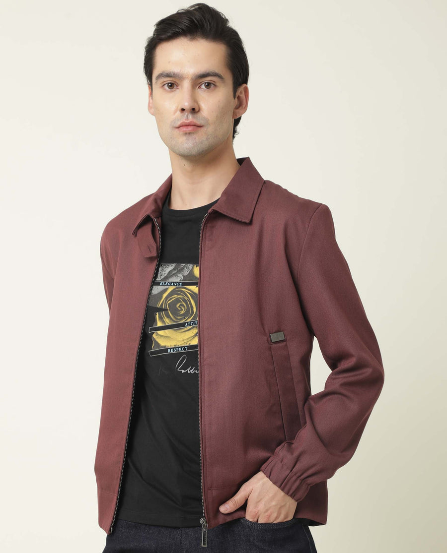Rare Rabbit Men's Bric Maroon Polyester Plain Regular Fit Full Sleeve Spread Collar Jacket