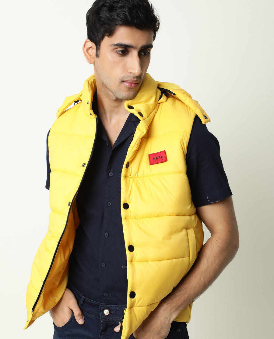 Rare Rabbit Men's Depot Yellow Nylon Plain Slim Fit Sleeveless Hooded Jacket