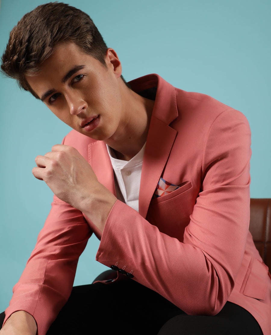 Rare Rabbit Men's Bart Pink Polyester Plain Tailored Fit Full Sleeve Lapel Neck Blazer