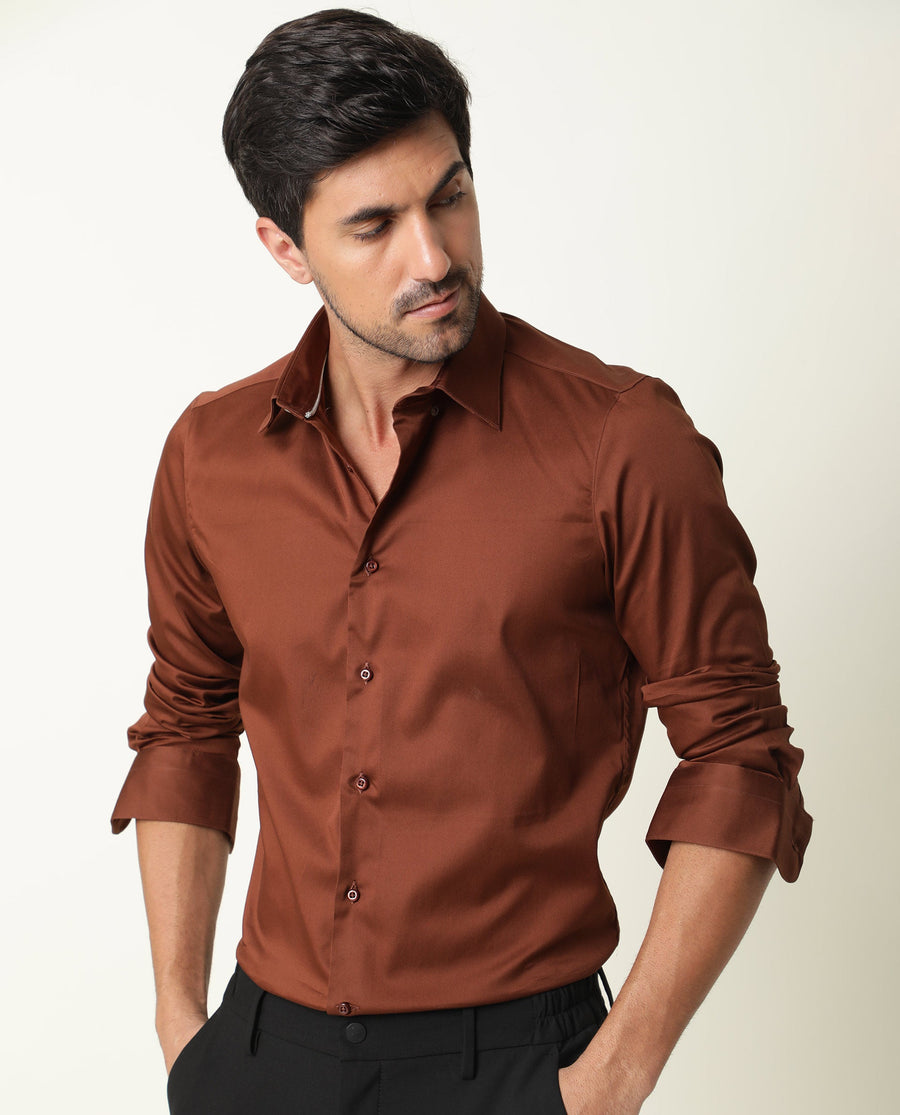Rare Rabbit Men's Holand Rust Satin Plain Regular Fit Full Sleeve Collared Shirt