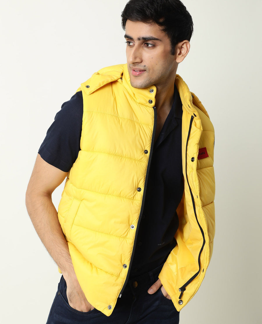 Rare Rabbit Men's Depot Yellow Nylon Plain Slim Fit Sleeveless Hooded Jacket