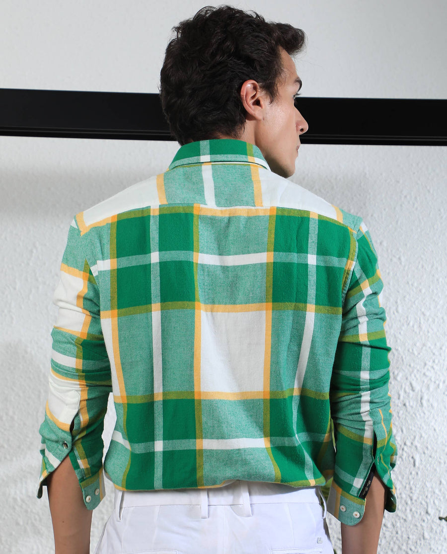 Rare Rabbit Men's Rayo Green Cotton Checked Print Regular Fit Full Sleeve Collared Shirt
