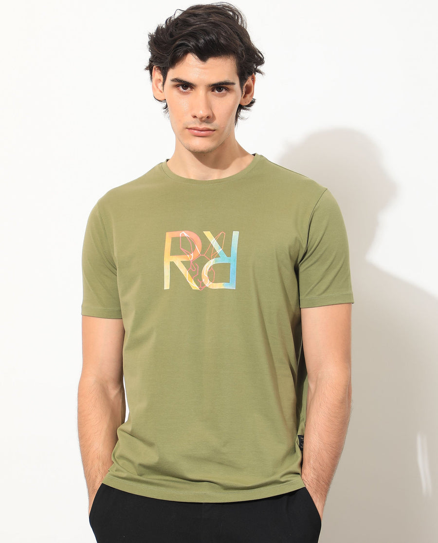Rare Rabbit Men's Tack Olive Cotton Graphic Print Regular Fit Half Sleeve Crew Neck T-Shirt