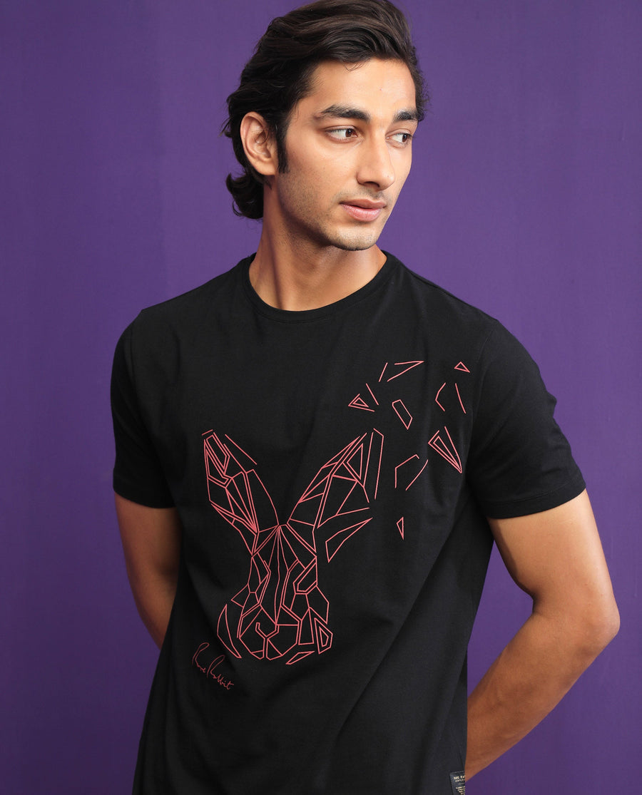 Rare Rabbit Men's Flames 2 Black Cotton Graphic Print Slim Fit Half Sleeve Crew Neck T-Shirt