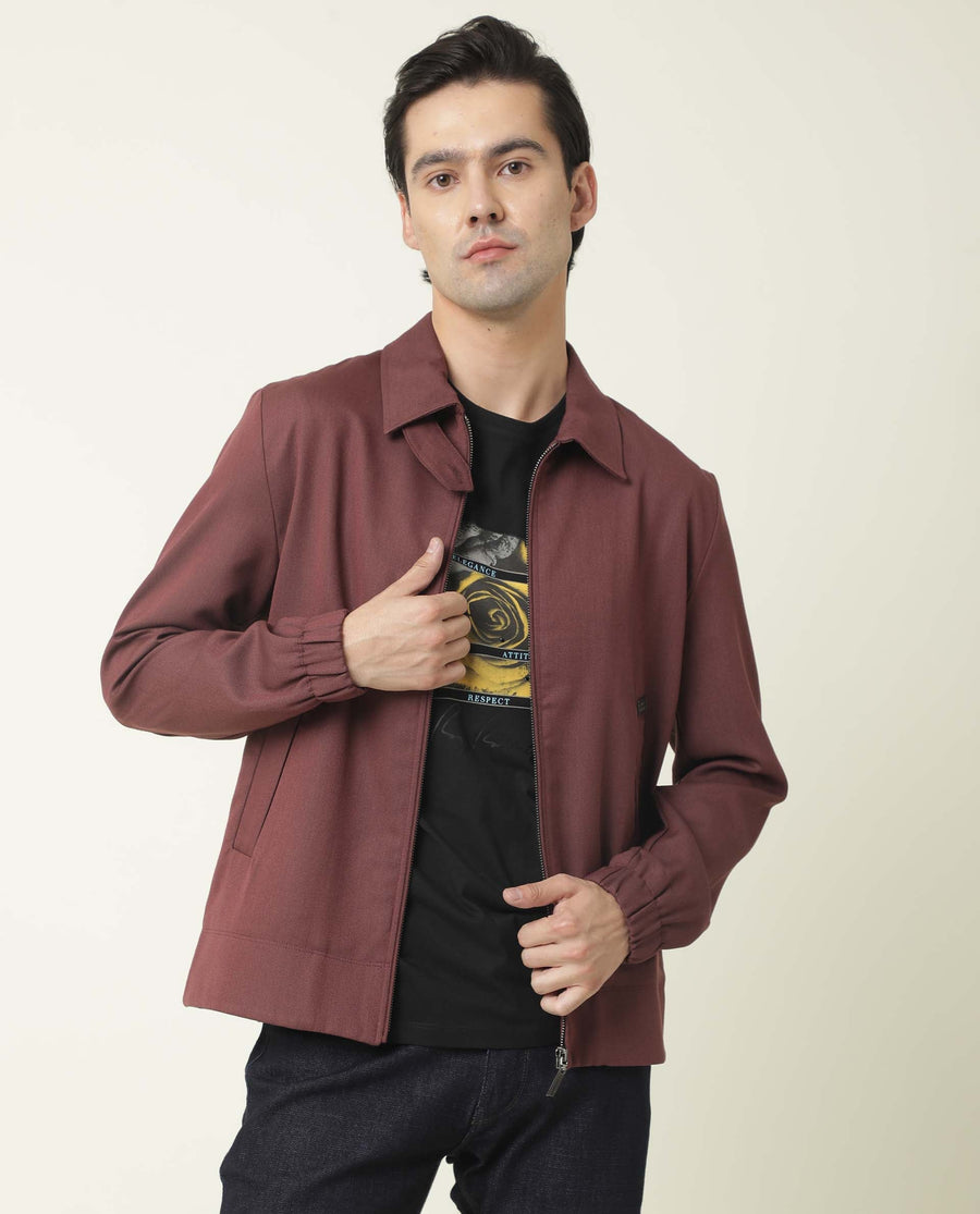 Rare Rabbit Men's Bric Maroon Polyester Plain Regular Fit Full Sleeve Spread Collar Jacket