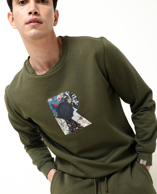 Rare Rabbit Men's Astor Olive Cotton Graphic Print Regular Fit Full Sleeve Crew Neck Sweatshirt