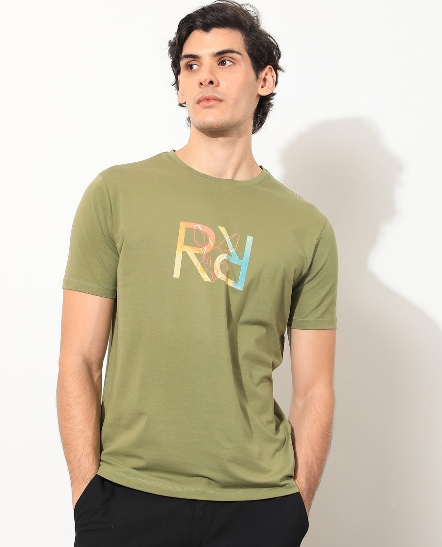 Rare Rabbit Men's Tack Olive Cotton Graphic Print Regular Fit Half Sleeve Crew Neck T-Shirt