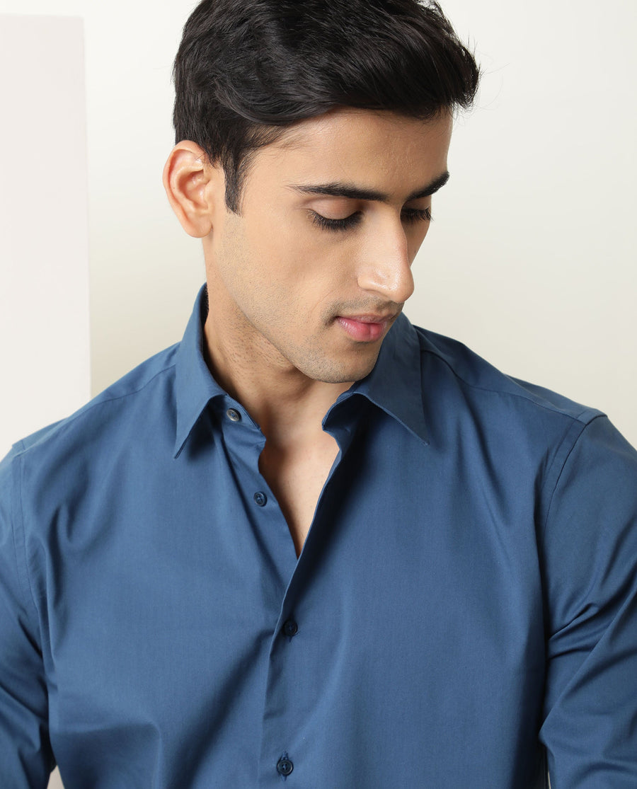Rare Rabbit Men's Benedict Blue Cotton Plain Regular Fit Full Sleeve Collared Shirt
