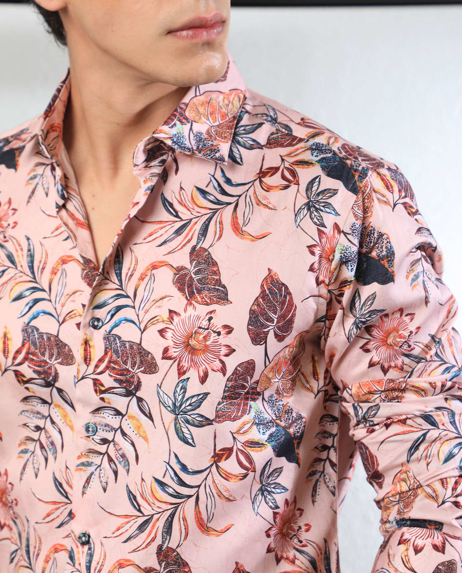 Rare Rabbit Men's Mison Pink Cotton Floral Print Regular Fit Full Sleeve Collared Shirt