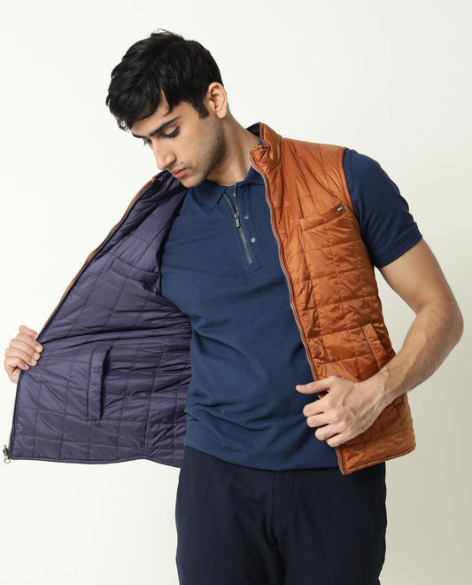 Rare Rabbit Men's Fillex Dark Blue Nylon Plain Regular Fit Sleeveless Mandarin Collar Jacket