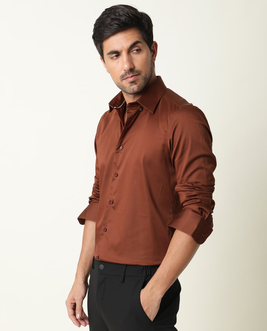 Rare Rabbit Men's Holand Rust Satin Plain Regular Fit Full Sleeve Collared Shirt