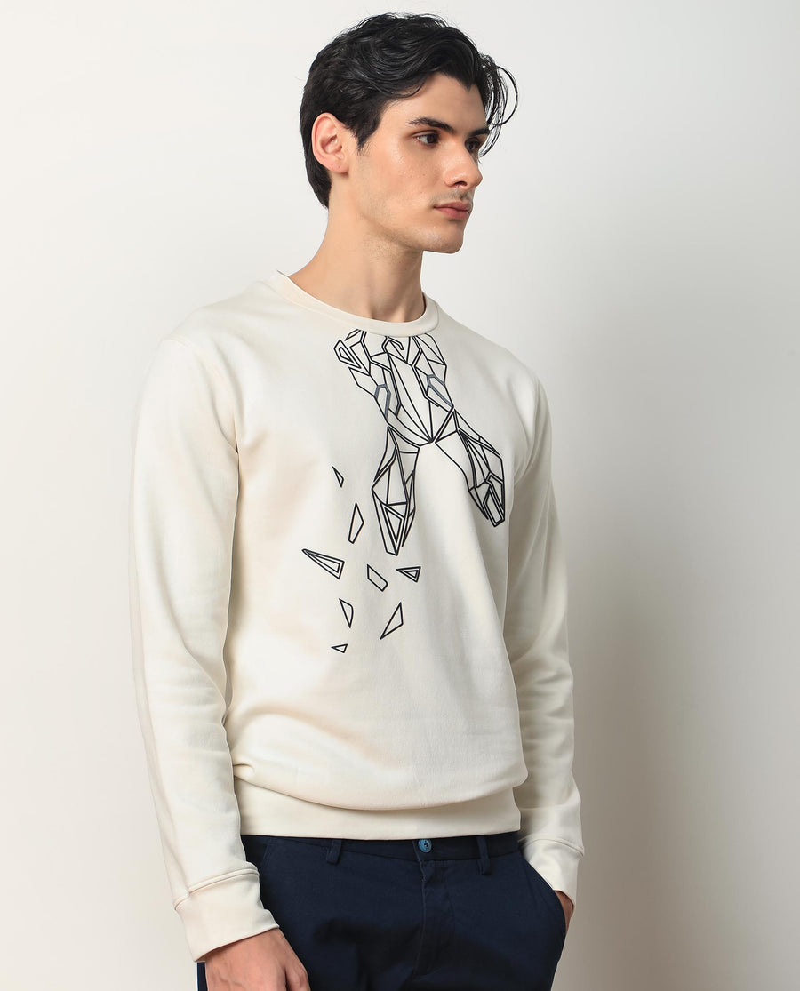 Rare Rabbit Men's Oakk White Graphic Print Regular Fit Full Sleeve Crew Neck Sweatshirt