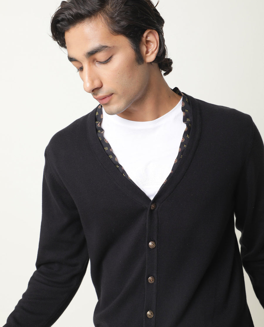 Rare Rabbit Men's Richer Black Cotton Plain Relaxed Fit Full Sleeve V-Neck Sweater