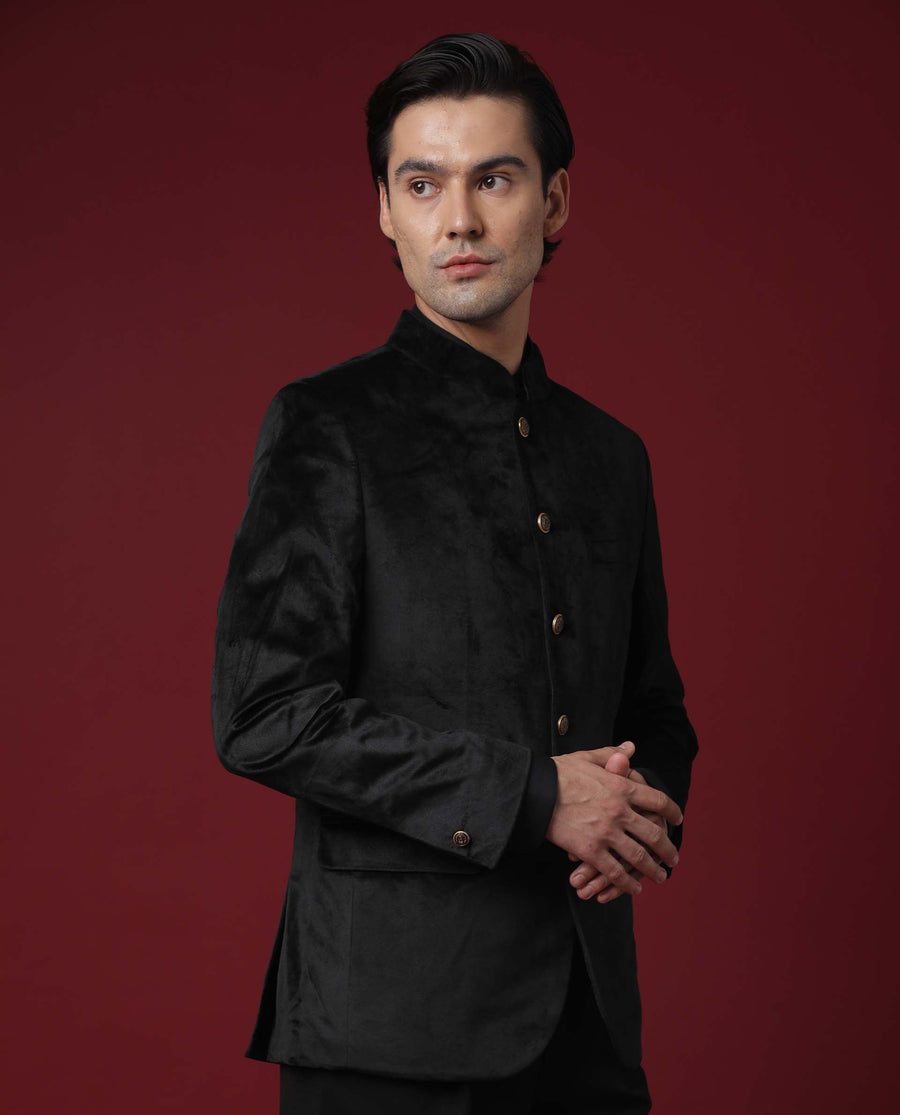 Rare Rabbit Men's Core Black Velvet Plain Tailored Fit Full Sleeve Mandarin Collar BandhgalaJodhpuri