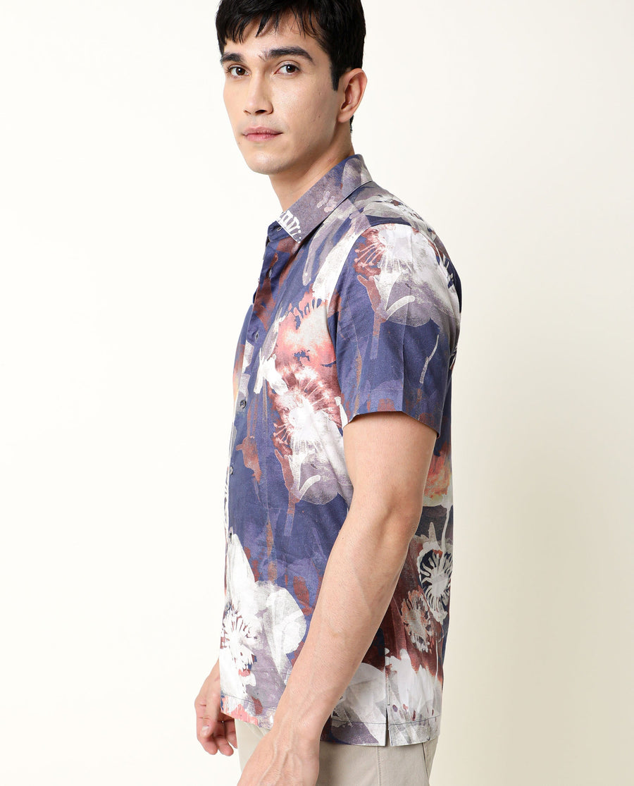 Rare Rabbit Men's Eighty Blue Cotton Floral Print Regular Fit Half Sleeve Collared Shirt