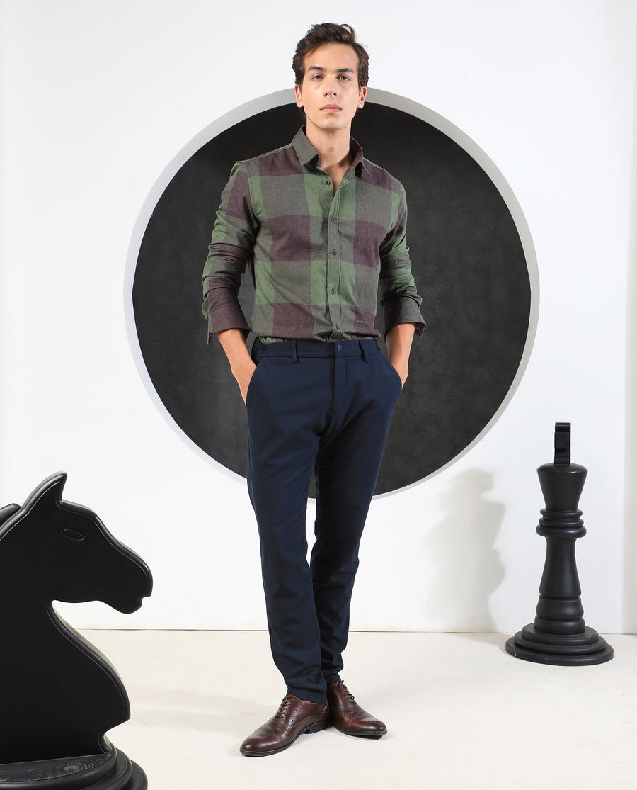 Rare Rabbit Men's Beaver Olive Cotton Checked Print Regular Fit Full Sleeve Collared Shirt