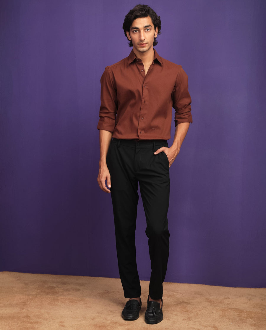 Rare Rabbit Men's Bicton Brown Cotton Plain Regular Fit Full Sleeve Collared Shirt