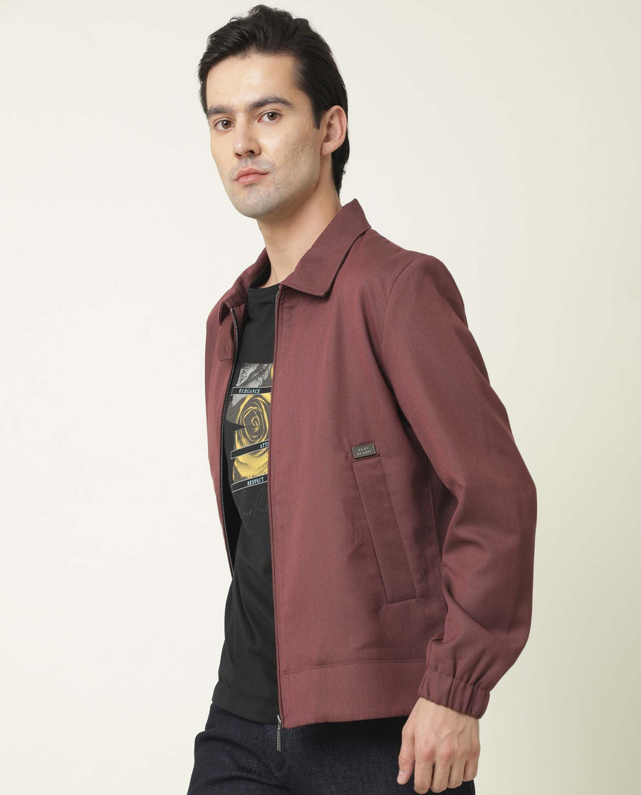 Rare Rabbit Men's Bric Maroon Polyester Plain Regular Fit Full Sleeve Spread Collar Jacket