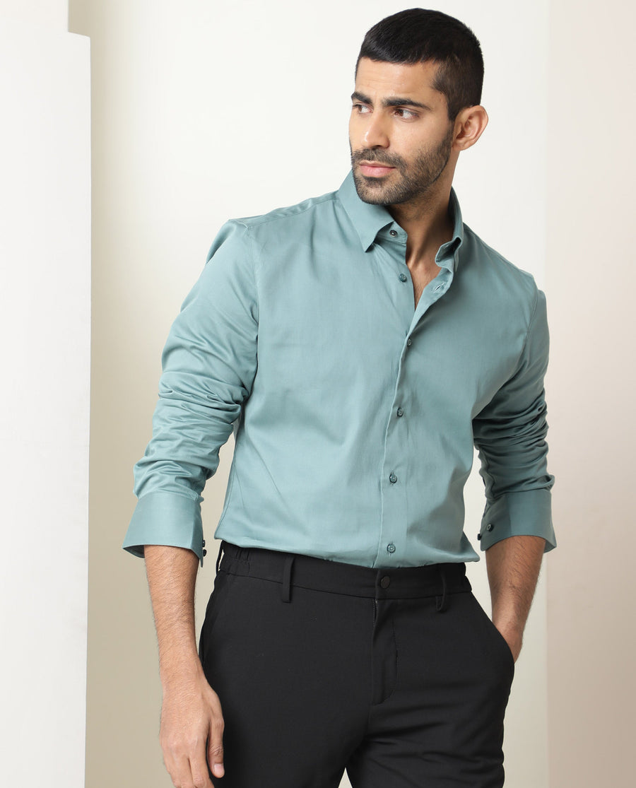 Rare Rabbit Men's Como Green Satin Plain Regular Fit Full Sleeve Collared Shirt