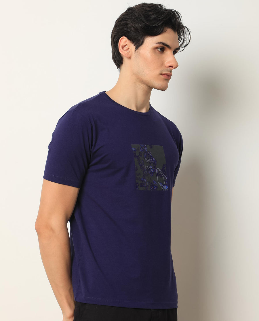 Rare Rabbit Men's Capri Purple Cotton Graphic Print Slim Fit Half Sleeve Crew Neck T-Shirt