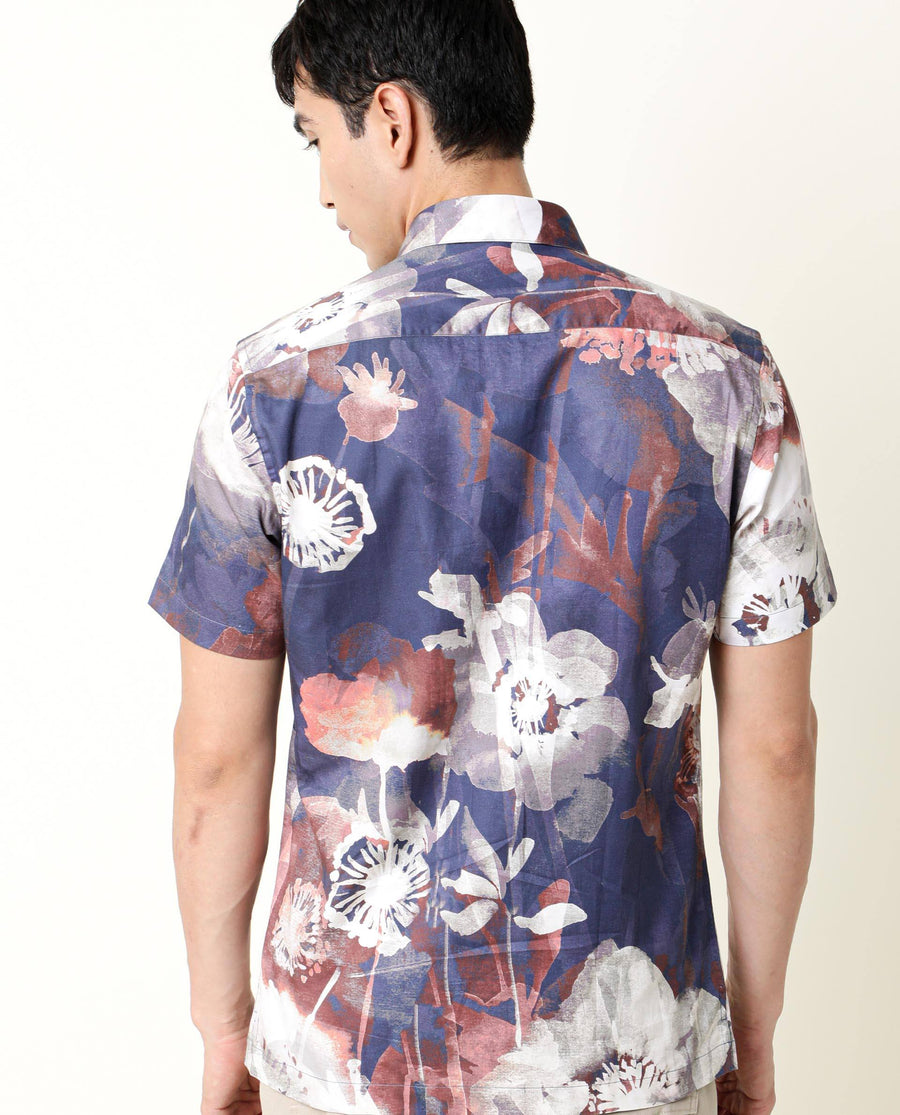 Rare Rabbit Men's Eighty Blue Cotton Floral Print Regular Fit Half Sleeve Collared Shirt