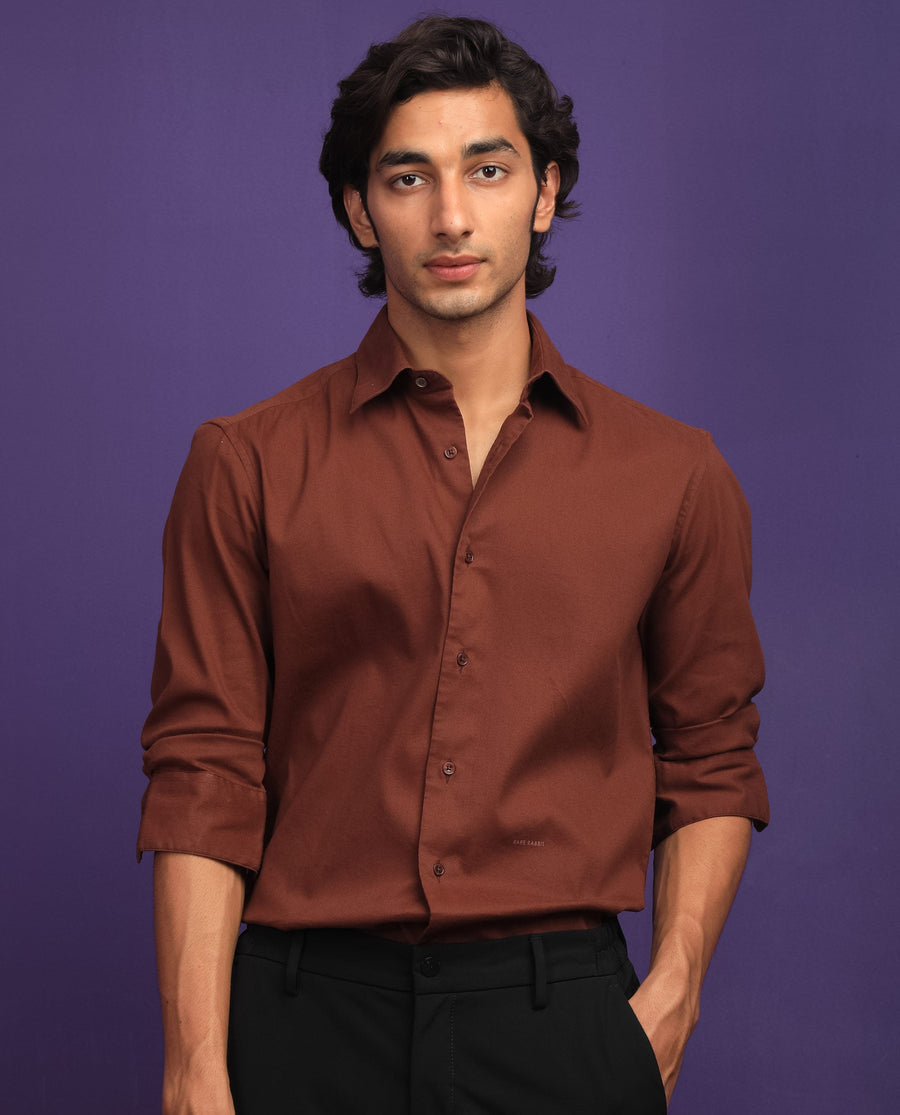 Rare Rabbit Men's Bicton Brown Cotton Plain Regular Fit Full Sleeve Collared Shirt