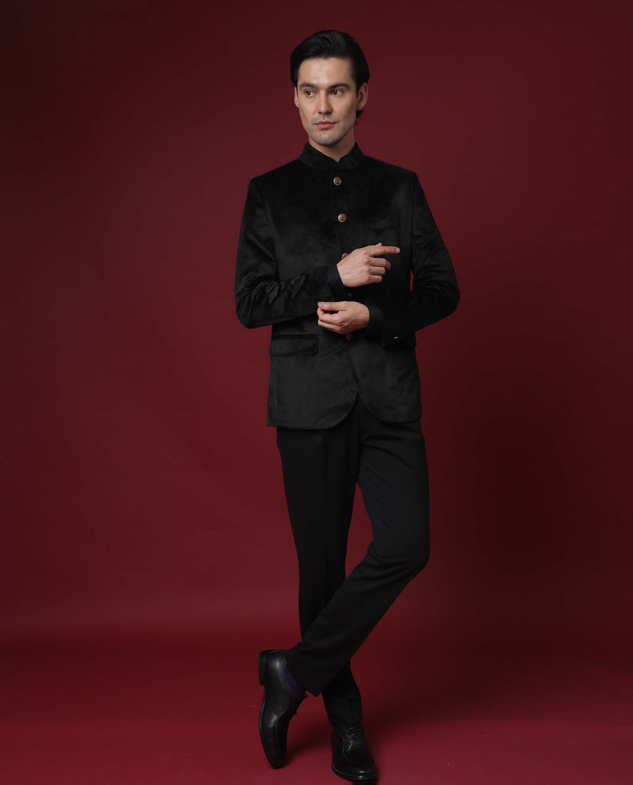Rare Rabbit Men's Core Black Velvet Plain Tailored Fit Full Sleeve Mandarin Collar BandhgalaJodhpuri