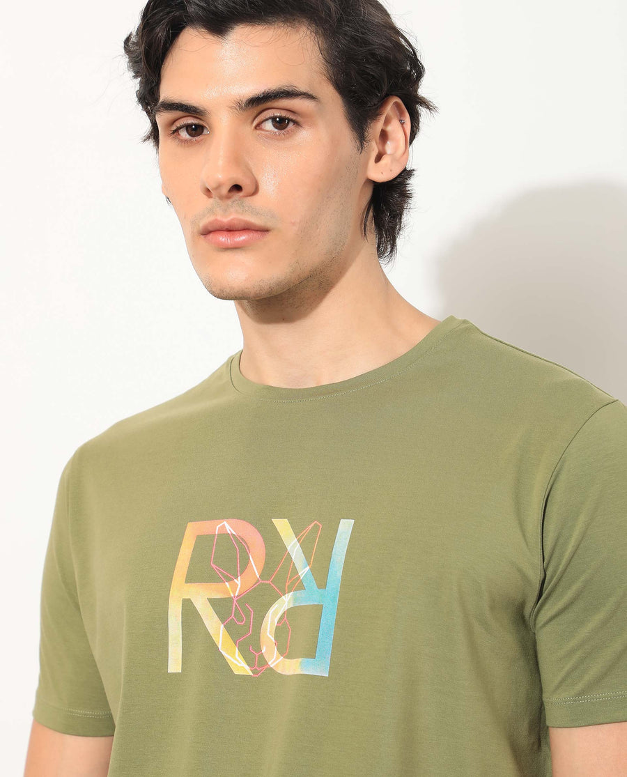 Rare Rabbit Men's Tack Olive Cotton Graphic Print Regular Fit Half Sleeve Crew Neck T-Shirt
