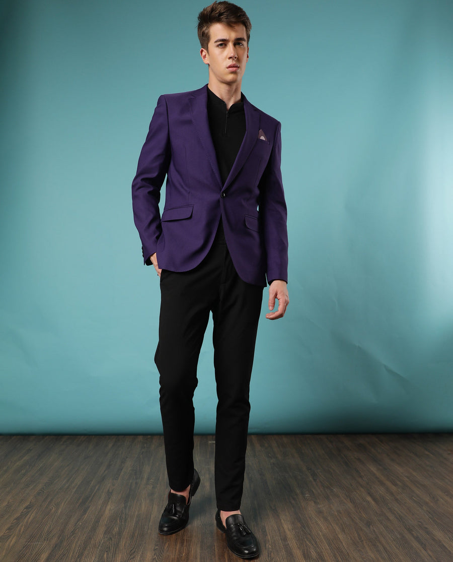 Rare Rabbit Men's Bart Purple Polyester Plain Tailored Fit Full Sleeve Lapel Neck Blazer
