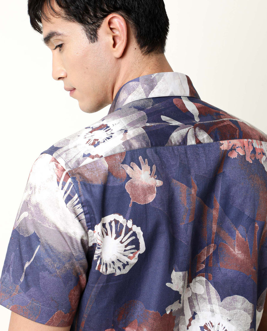 Rare Rabbit Men's Eighty Blue Cotton Floral Print Regular Fit Half Sleeve Collared Shirt