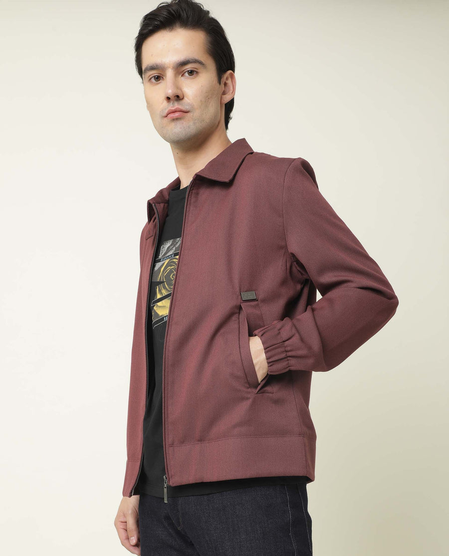 Rare Rabbit Men's Bric Maroon Polyester Plain Regular Fit Full Sleeve Spread Collar Jacket