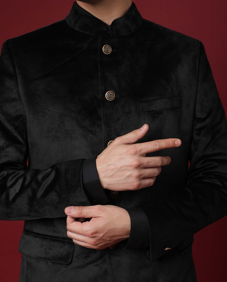 Rare Rabbit Men's Core Black Velvet Plain Tailored Fit Full Sleeve Mandarin Collar BandhgalaJodhpuri