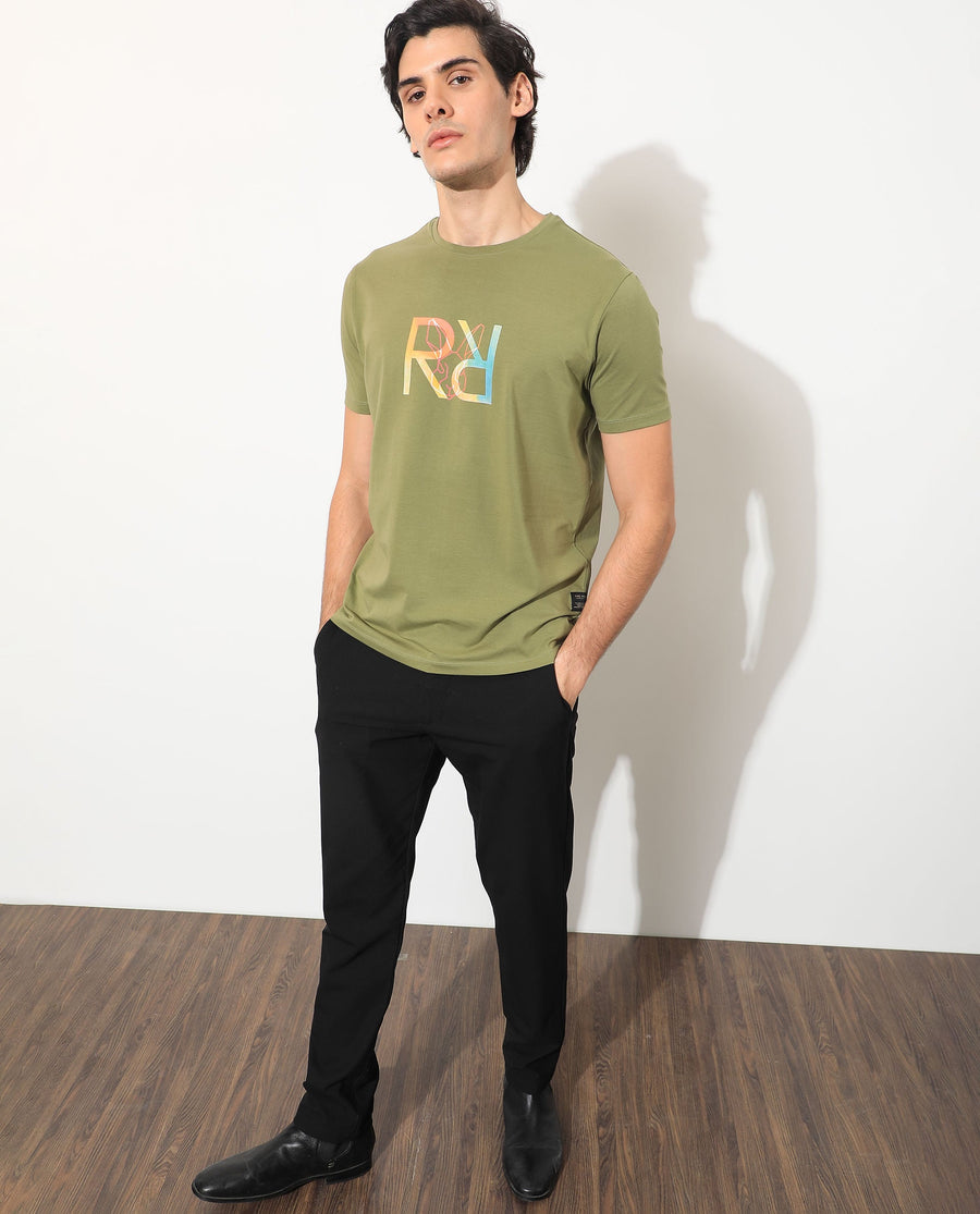 Rare Rabbit Men's Tack Olive Cotton Graphic Print Regular Fit Half Sleeve Crew Neck T-Shirt