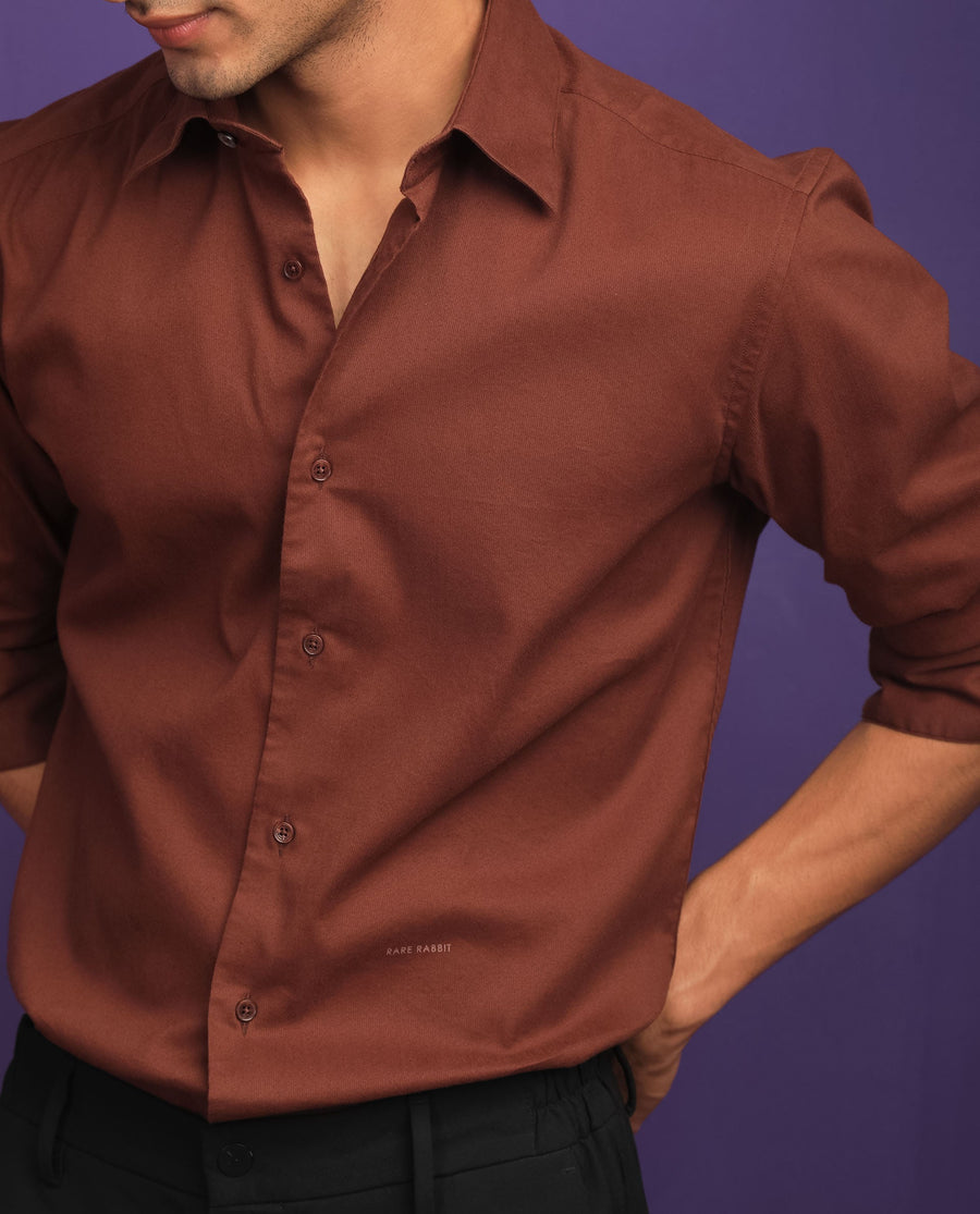 Rare Rabbit Men's Bicton Brown Cotton Plain Regular Fit Full Sleeve Collared Shirt