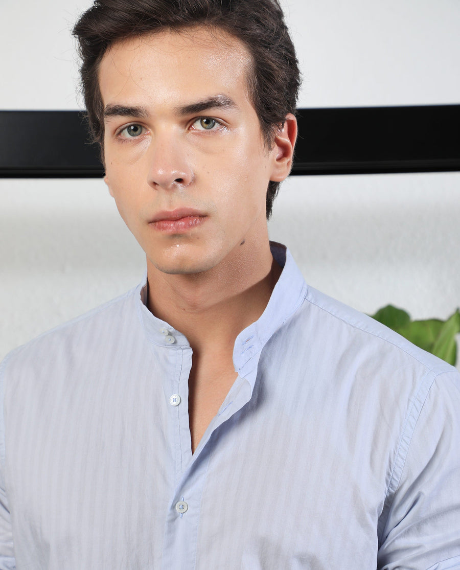 Rare Rabbit Men's Bars Blue Cotton Striped Print Regular Fit Full Sleeve Mandarin Collar Shirt