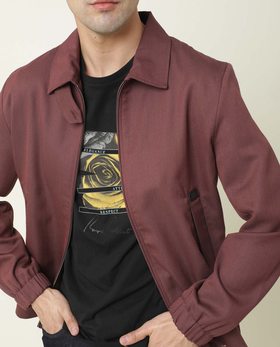 Rare Rabbit Men's Bric Maroon Polyester Plain Regular Fit Full Sleeve Spread Collar Jacket