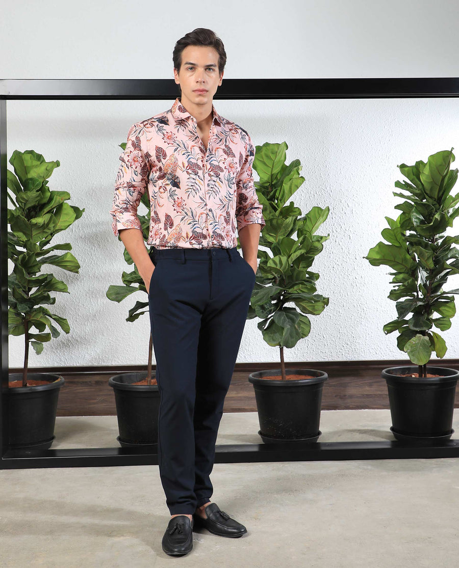 Rare Rabbit Men's Mison Pink Cotton Floral Print Regular Fit Full Sleeve Collared Shirt