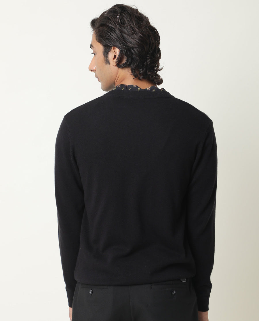 Rare Rabbit Men's Richer Black Cotton Plain Relaxed Fit Full Sleeve V-Neck Sweater