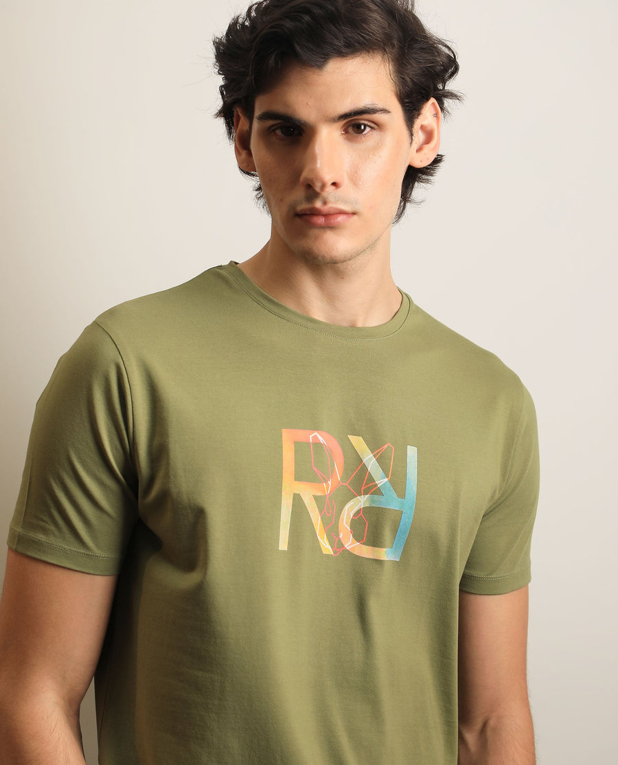 Rare Rabbit Men's Tack Olive Cotton Graphic Print Regular Fit Half Sleeve Crew Neck T-Shirt