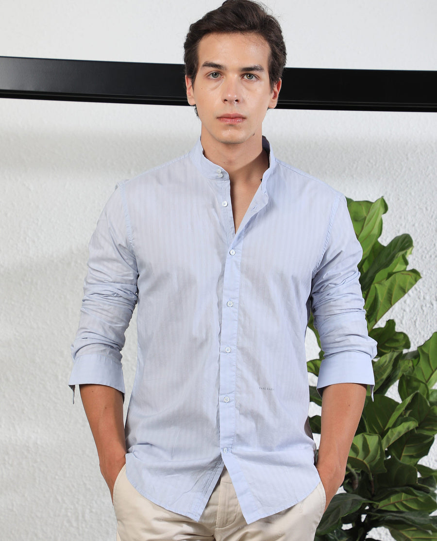 Rare Rabbit Men's Bars Blue Cotton Striped Print Regular Fit Full Sleeve Mandarin Collar Shirt