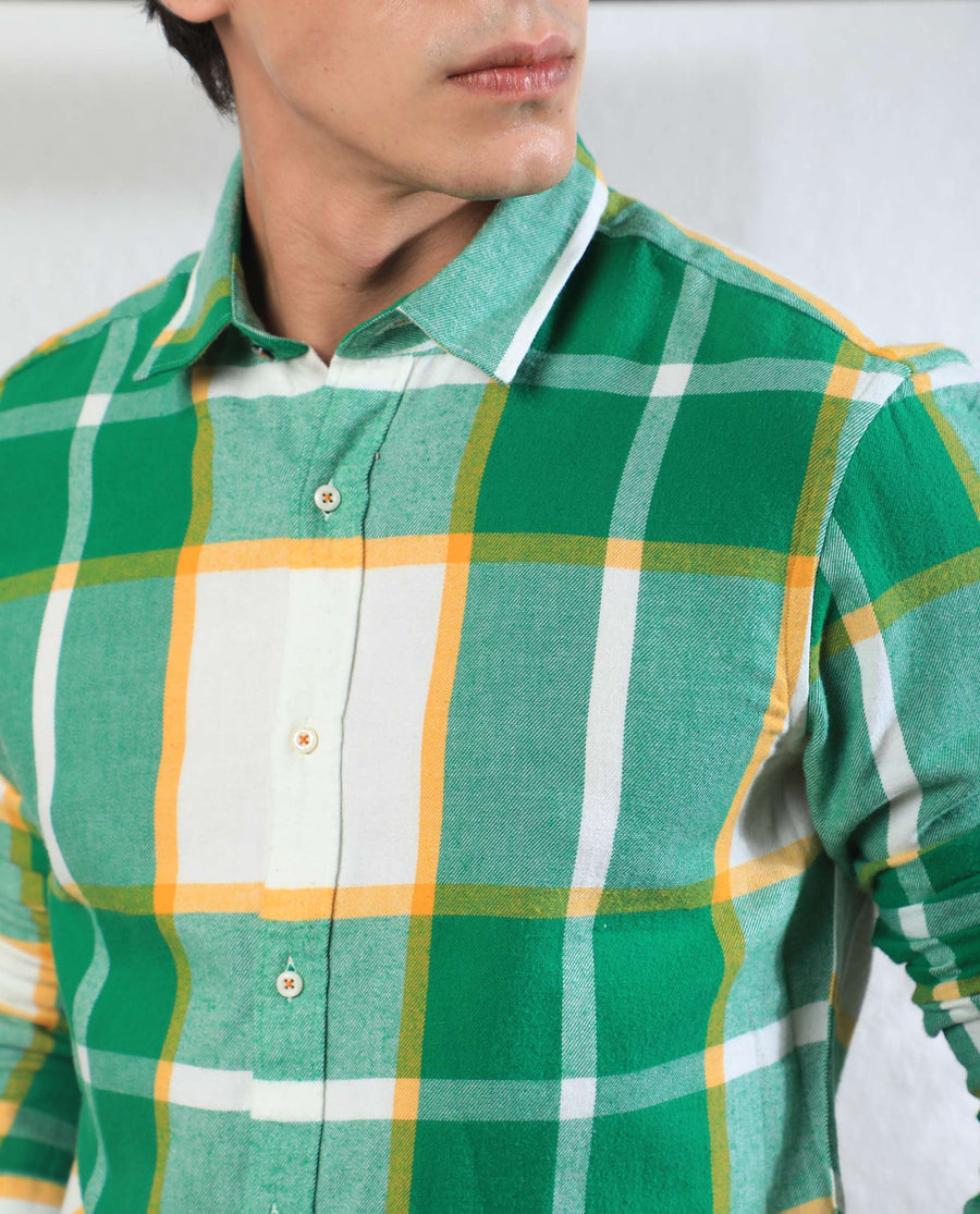 Rare Rabbit Men's Rayo Green Cotton Checked Print Regular Fit Full Sleeve Collared Shirt