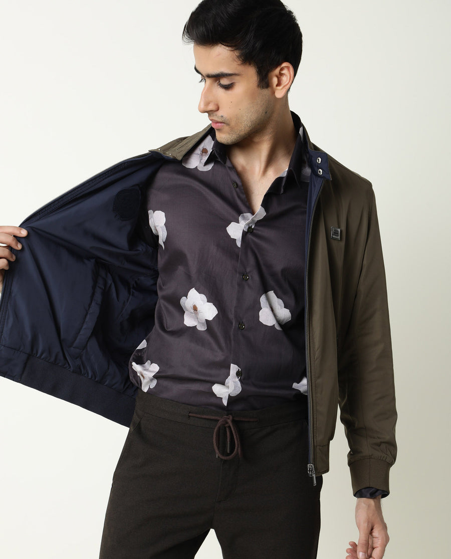 Rare Rabbit Men's Royban Olive Polyester Plain Regular Fit Full Sleeve Mandarin Collar Jacket