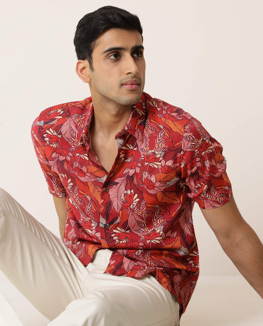 Rare Rabbit Men's Sinq Red Viscose Floral Print Regular Fit Half Sleeve Collared Shirt