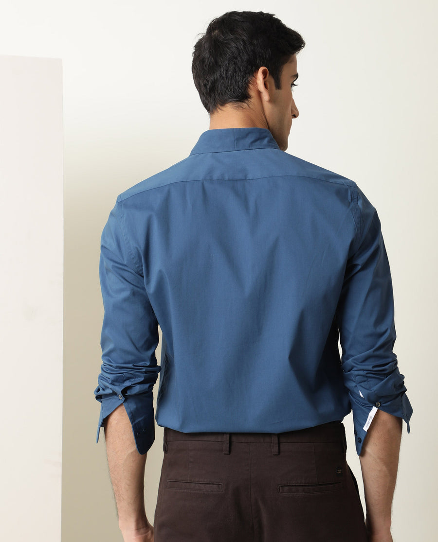 Rare Rabbit Men's Benedict Blue Cotton Plain Regular Fit Full Sleeve Collared Shirt