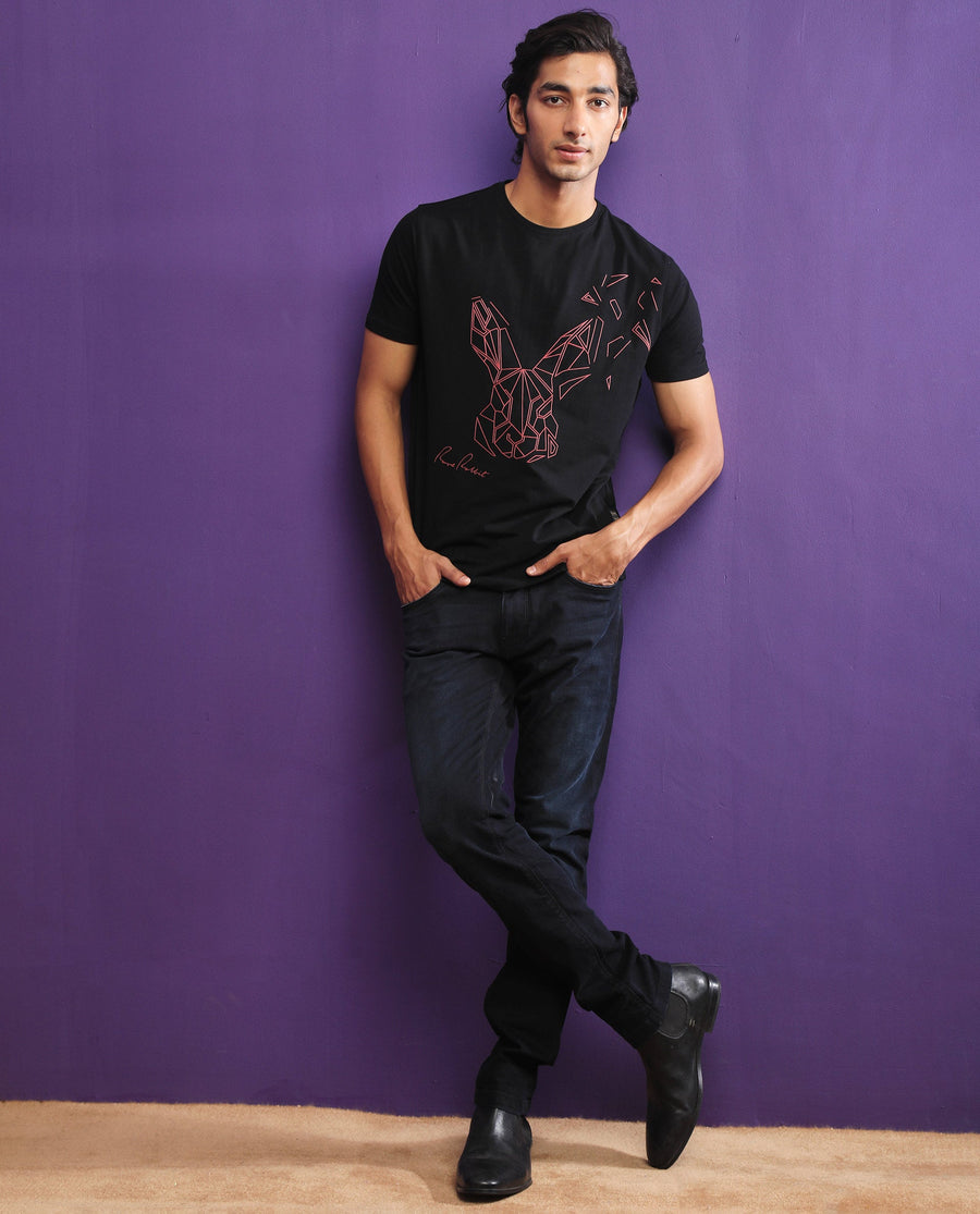 Rare Rabbit Men's Flames 2 Black Cotton Graphic Print Slim Fit Half Sleeve Crew Neck T-Shirt