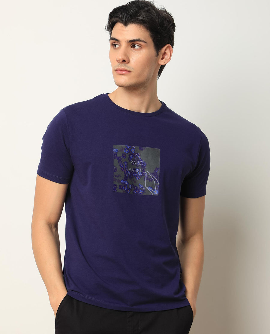 Rare Rabbit Men's Capri Purple Cotton Graphic Print Slim Fit Half Sleeve Crew Neck T-Shirt