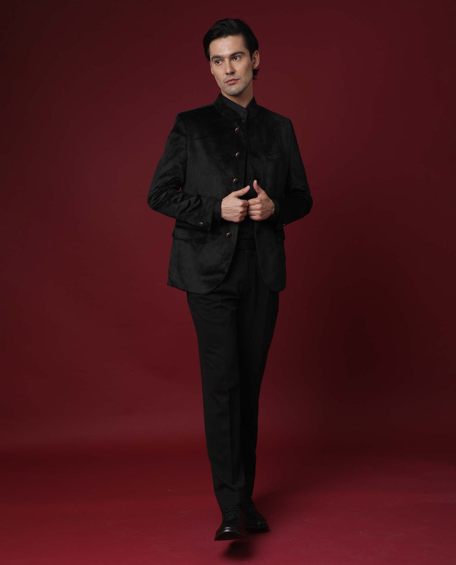 Rare Rabbit Men's Core Black Velvet Plain Tailored Fit Full Sleeve Mandarin Collar BandhgalaJodhpuri