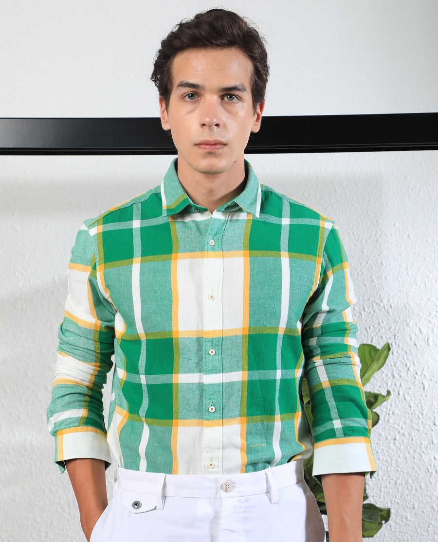 Rare Rabbit Men's Rayo Green Cotton Checked Print Regular Fit Full Sleeve Collared Shirt